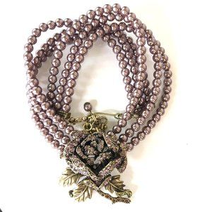 HEIDI DAUS Purple Faux Pearl Blooming Rose Triple Strand Brass Plated Necklace